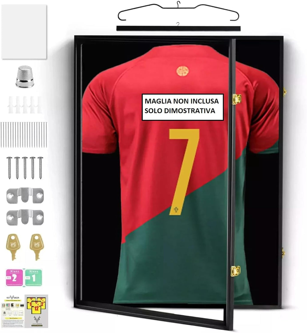 Teca Quadro Vetrinetta Bacheca Cimeli Sportivi Cornice maglie sportive autografate maglie artisti musicali Quadro in LEGNO chiave di chiusura 60x80 cm