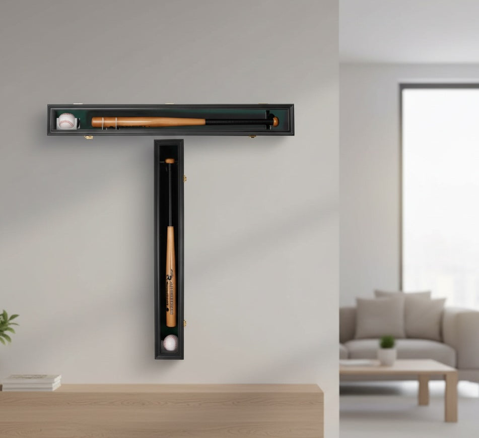 Espositore da Parete per Mazza da Baseball in Legno Nero con Slot per Palla, Cornice Shadow Box con Porta Trasparente per Oggetti da Collezione e Memorabilia Sportive