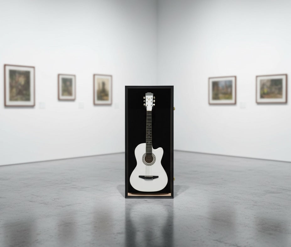 Espositore per Chitarra Acustica o Classica Vetrina in Legno Nero con Serratura e Rivestimento Rosso, Display da Parete per Collezione Chitarre 18x6x41 cm