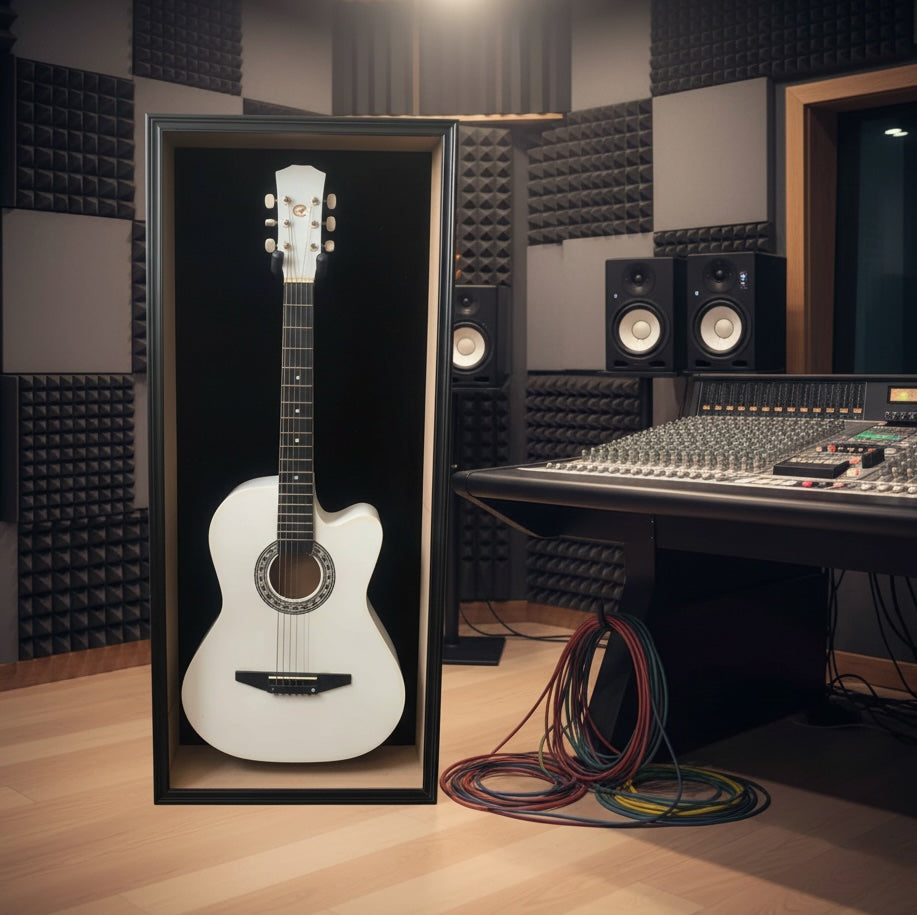 Espositore per Chitarra Acustica o Classica Vetrina in Legno Nero con Serratura e Rivestimento Rosso, Display da Parete per Collezione Chitarre 18x6x41 cm