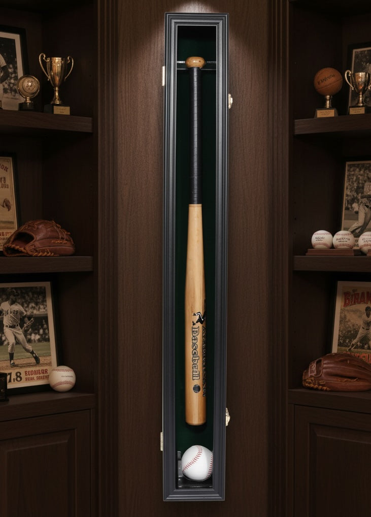 Espositore da Parete per Mazza da Baseball in Legno Nero con Slot per Palla, Cornice Shadow Box con Porta Trasparente per Oggetti da Collezione e Memorabilia Sportive