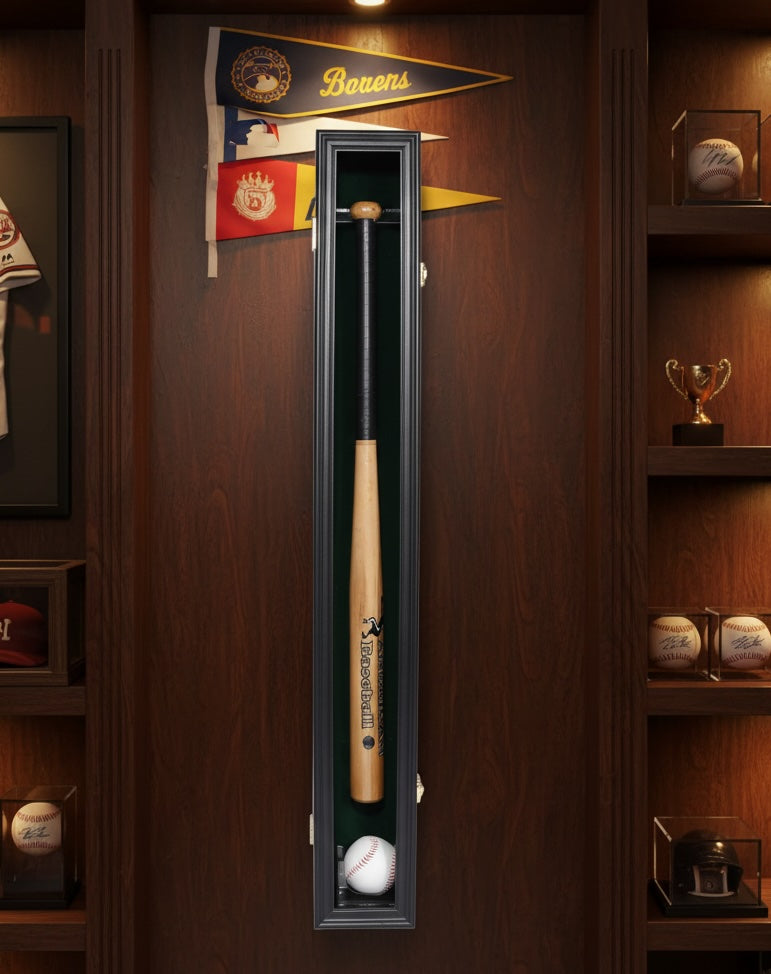 Espositore da Parete per Mazza da Baseball in Legno Nero con Slot per Palla, Cornice Shadow Box con Porta Trasparente per Oggetti da Collezione e Memorabilia Sportive