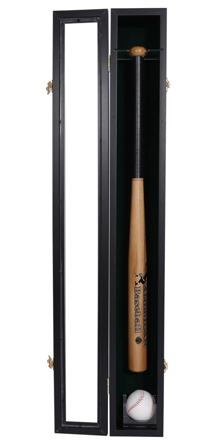 Espositore da Parete per Mazza da Baseball in Legno Nero con Slot per Palla, Cornice Shadow Box con Porta Trasparente per Oggetti da Collezione e Memorabilia Sportive