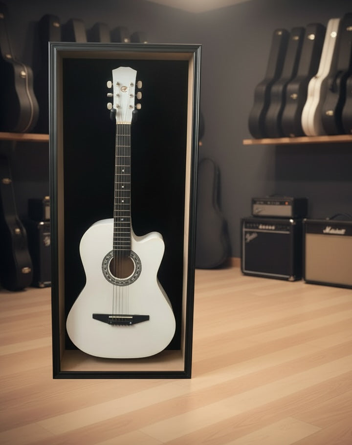Espositore per Chitarra Acustica o Classica Vetrina in Legno Nero con Serratura e Rivestimento Rosso, Display da Parete per Collezione Chitarre 18x6x41 cm