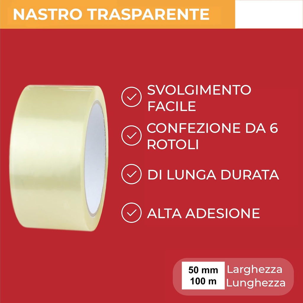 Nastro Adesivo Trasparente per Pacchi Rotolo 50mm x 100m – Nastro Imballaggio Forte e Silenzioso per Scatole, Cartoni e Spedizioni, Tape Trasparente Alta Tenuta per Traslochi e Magazzino