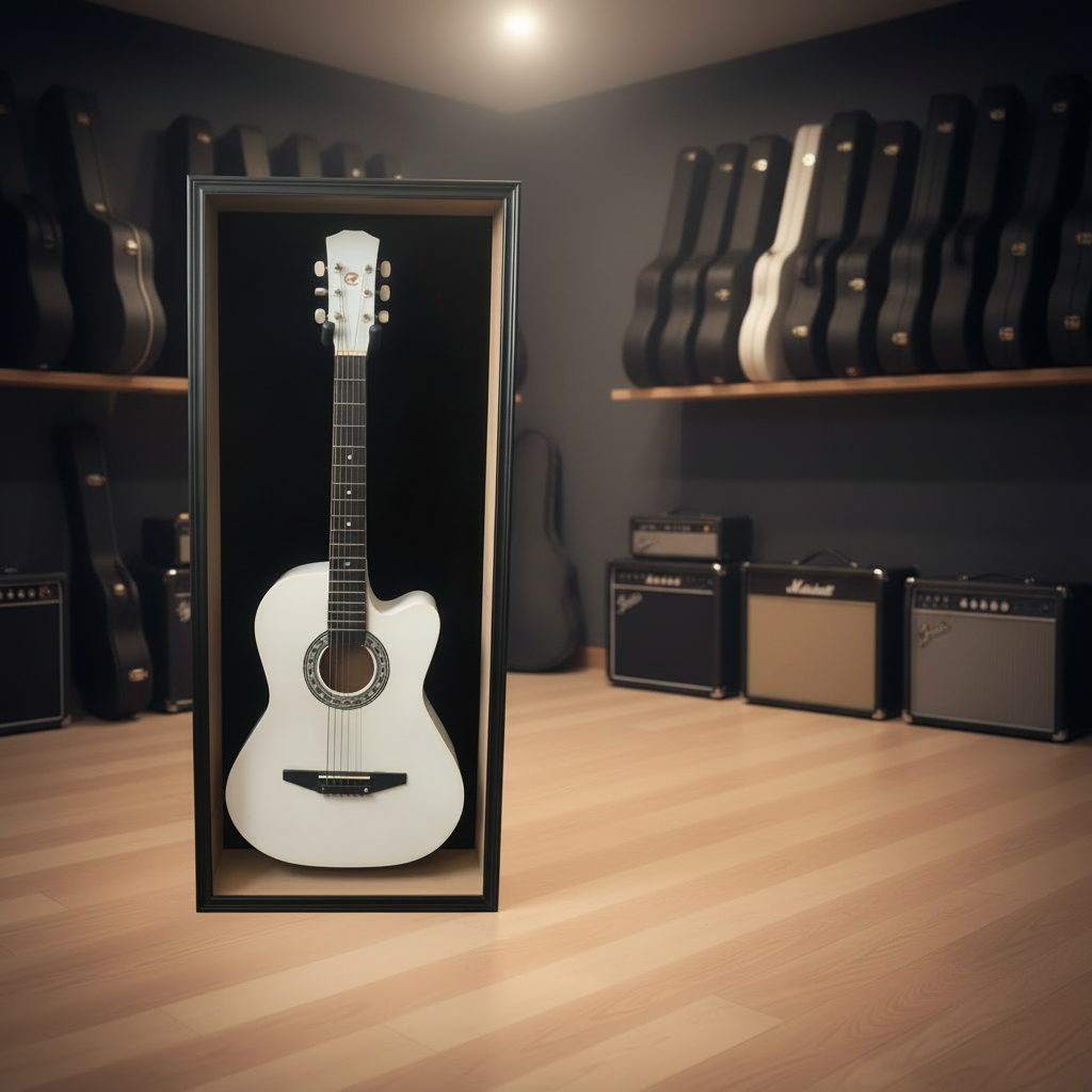 Espositore per Chitarra Acustica o Classica Vetrina in Legno Nero con Serratura e Rivestimento Rosso, Display da Parete per Collezione Chitarre 18x6x41 cm