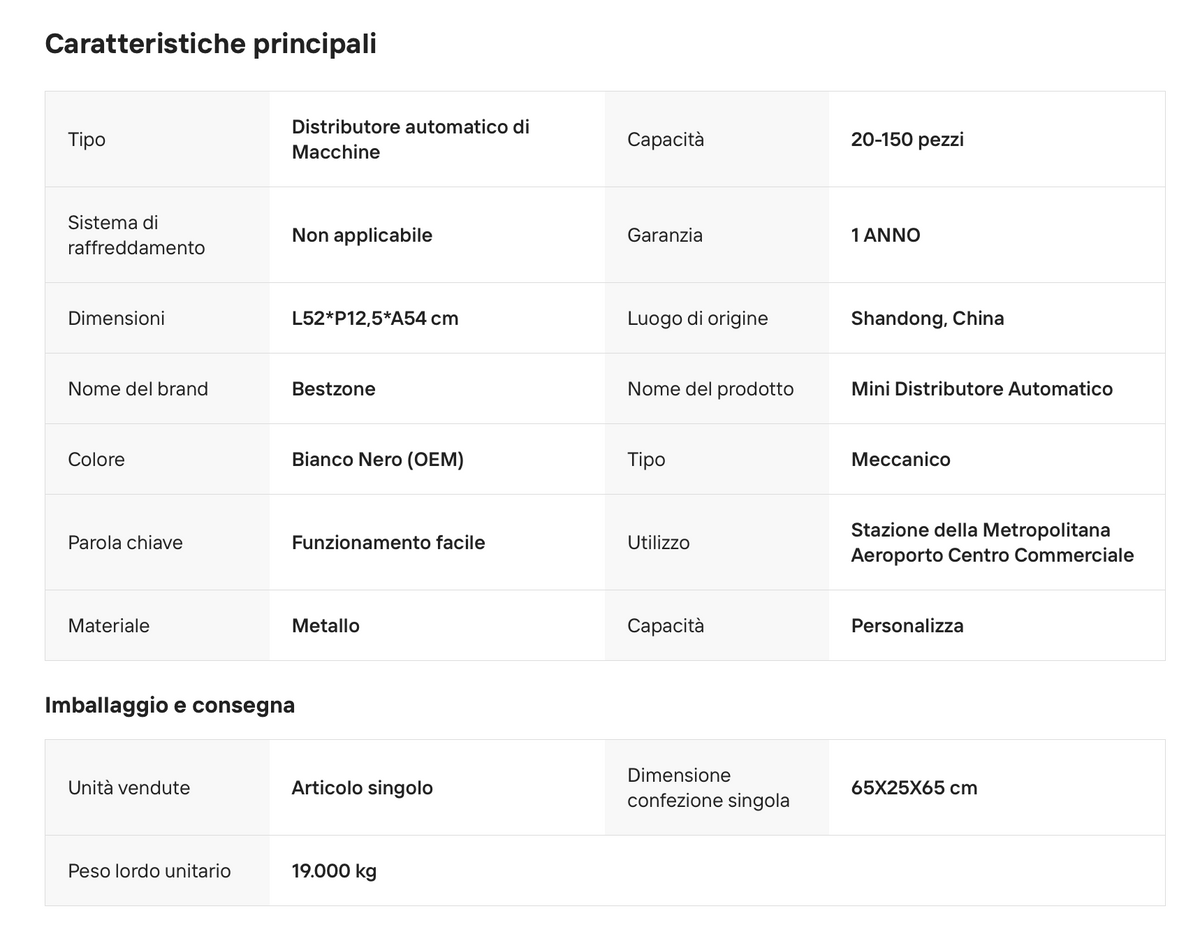 Scheda tecnica del distributore automatico meccanico a parete