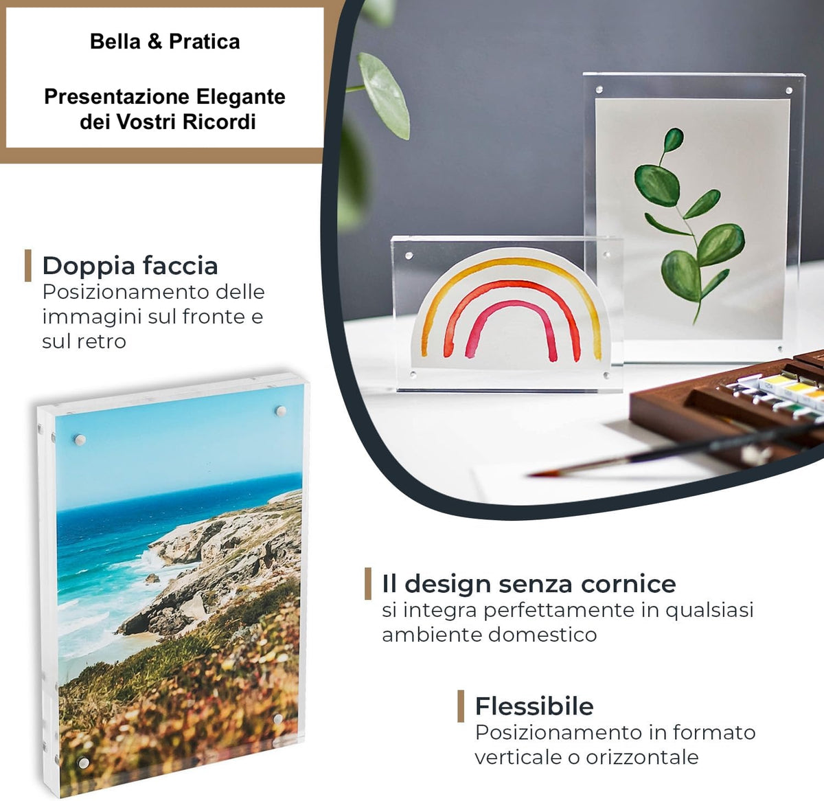 Cornice trasparente magnetica utilizzabile sui due lati