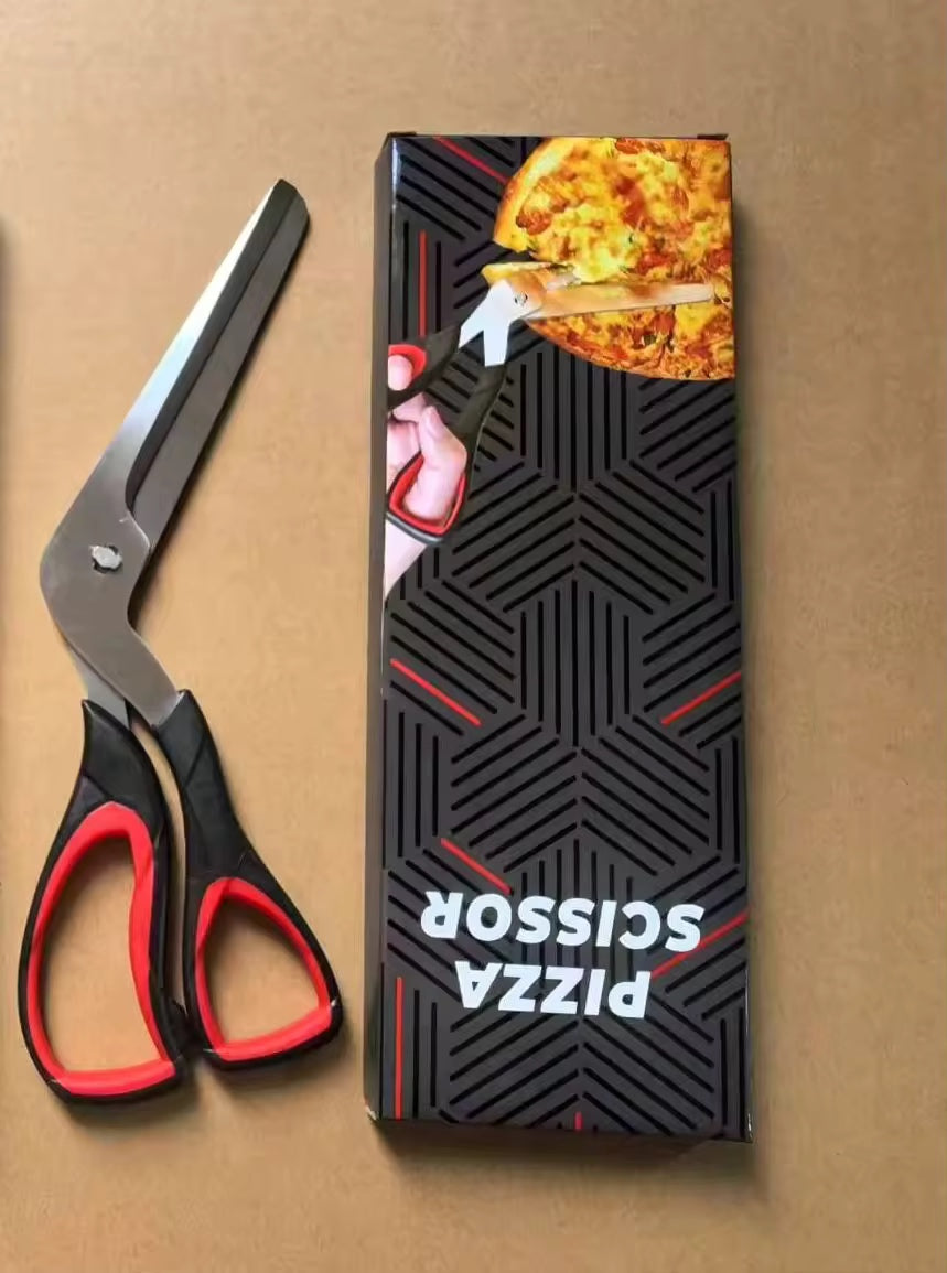 Forbici da pizza nere e rosse con scatola
