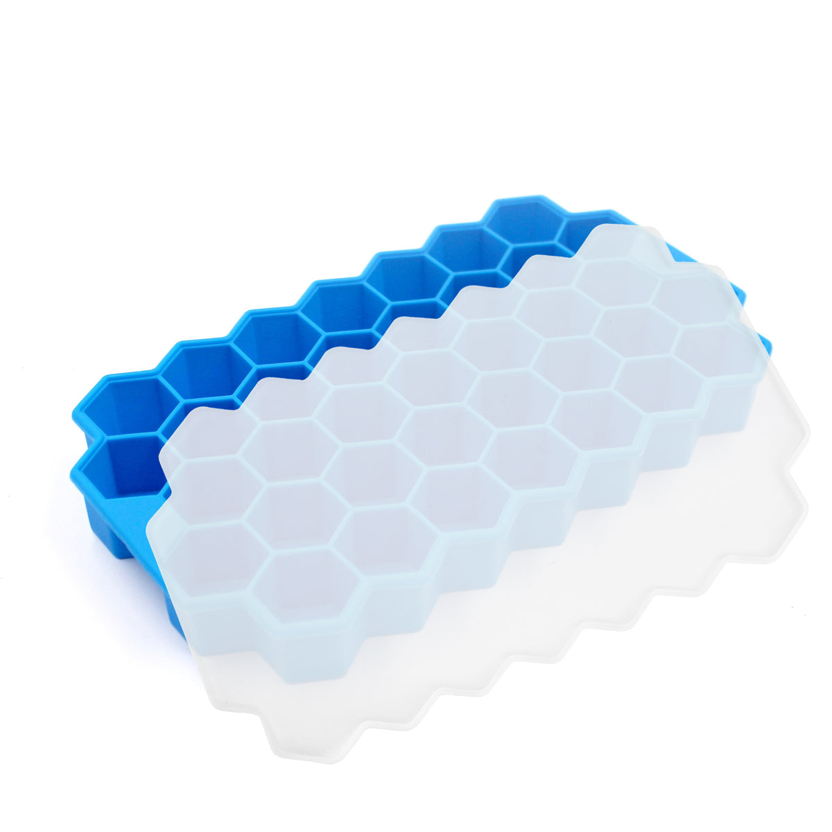 Stampo per ghiaccio in silicone blu con celle esagonali e coperchio