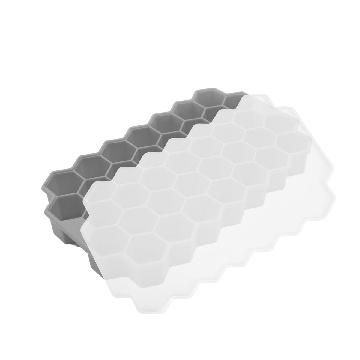 Stampo per ghiaccio in silicone grigio con celle esagonali e coperchio
