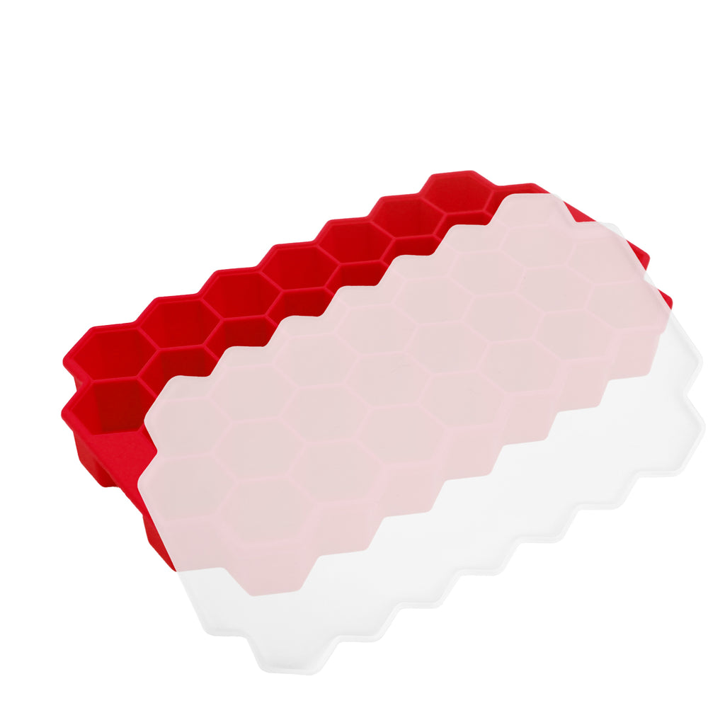 Stampo per ghiaccio in silicone rosso con celle esagonali e coperchio