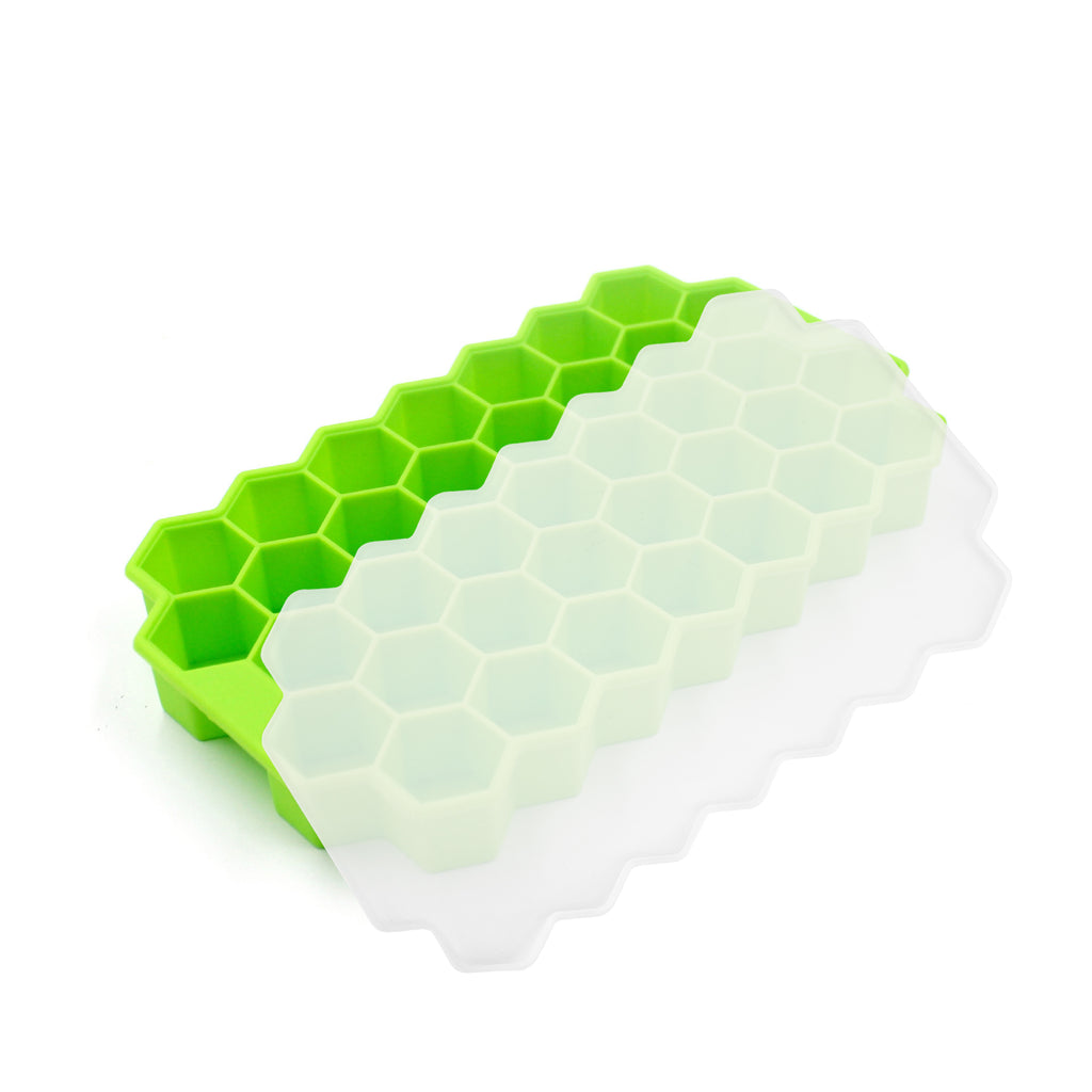 Stampo per ghiaccio in silicone verde con celle esagonali e coperchio