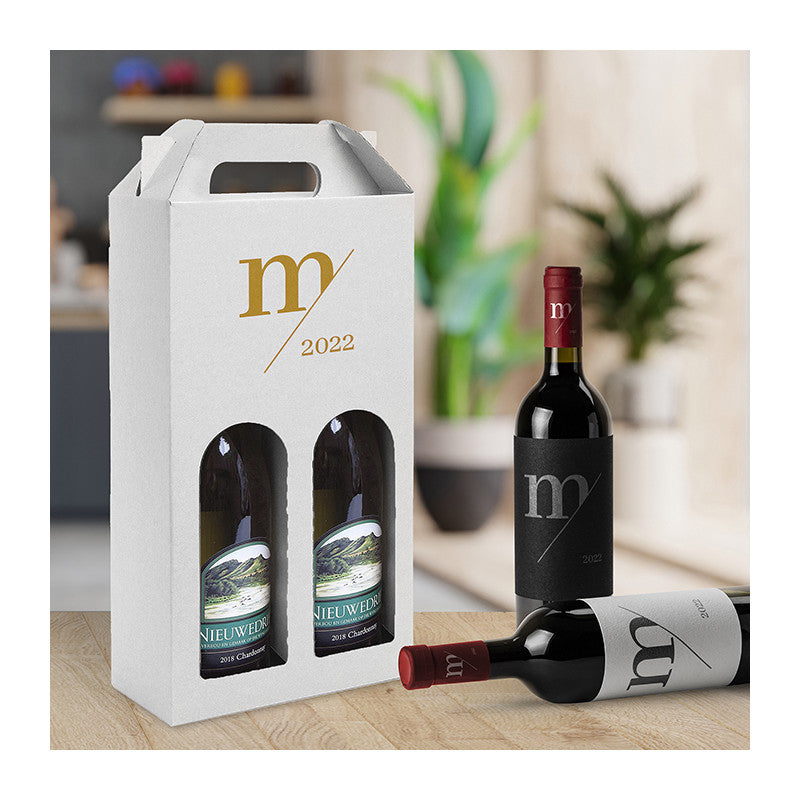 Scatola Regalo Portabottiglie 2 Posti Elegante Confezione in Carta con Manico Piatto Ideale per Vino, Olio o Liquori Personalizzabile con Serigrafia